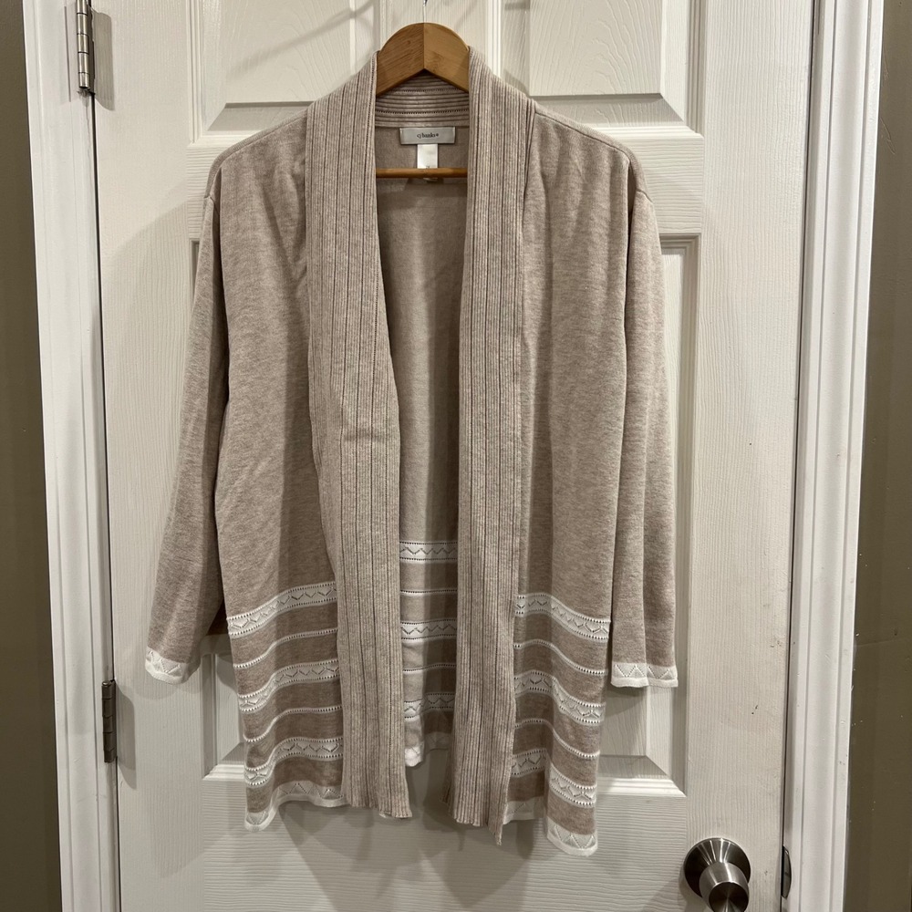 CJ Banks Tan White Pointelle Open Front Cardigan Shawl Collar 2X
